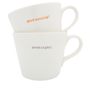 Keith Brymer Jones Word Range Large Ceramic White Mug Pair - good morning! (orange) & good night! (lilac) - 350ml